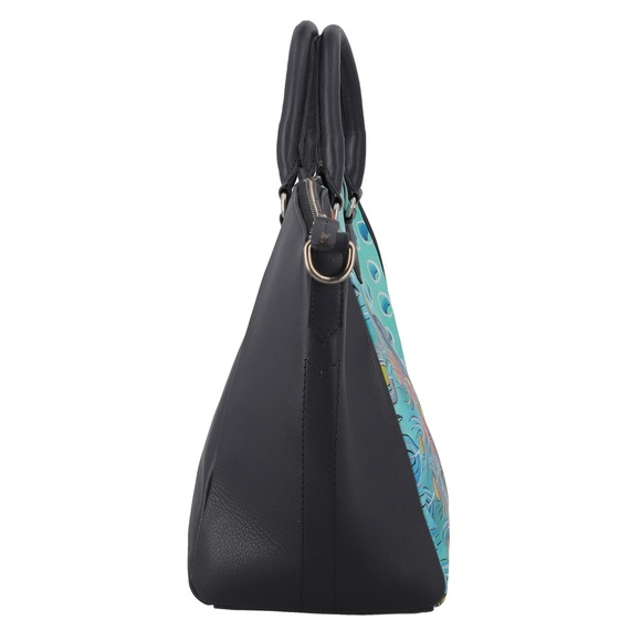 SUKRITI Black Peacock Pattern Genuine Leather Satchel Bag w/ Matching Silk Scarf - Picture 3 of 7